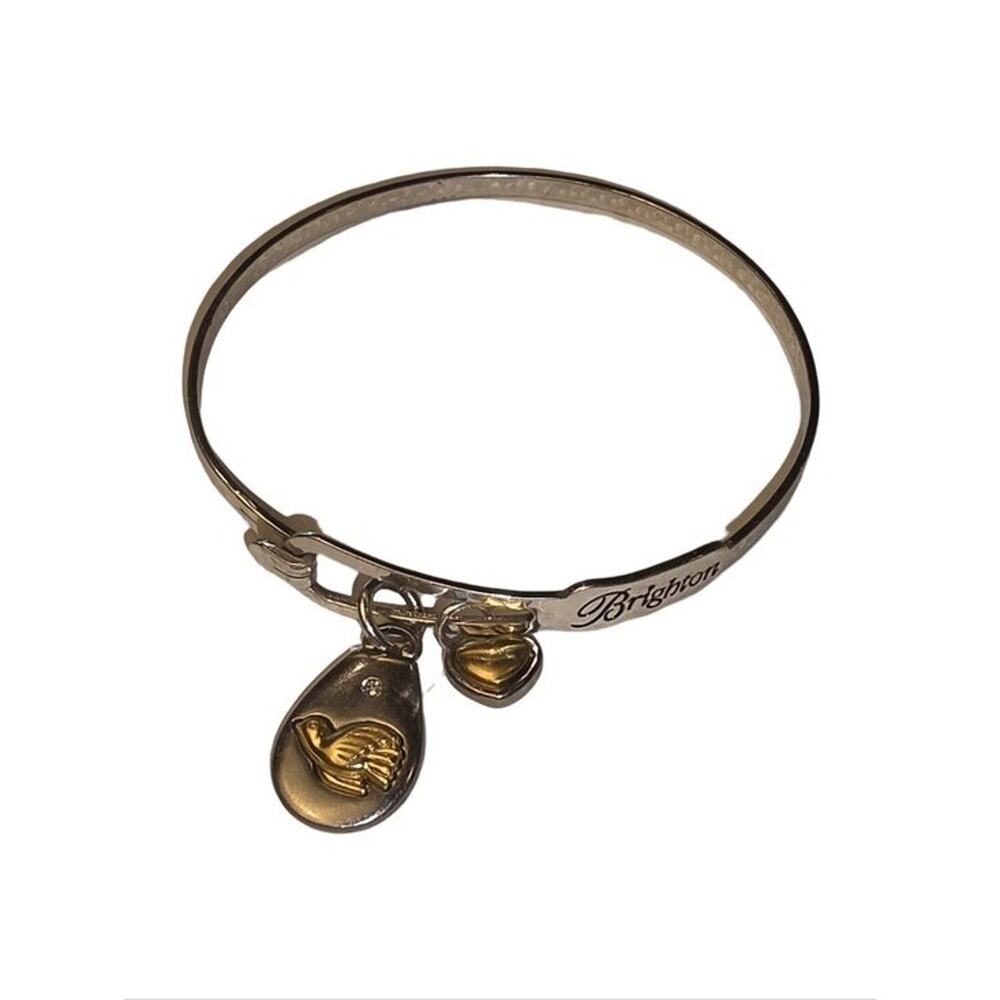 Brighton Silver Gold Tone Bird Heart Charm Hammered Bangle Bracelet